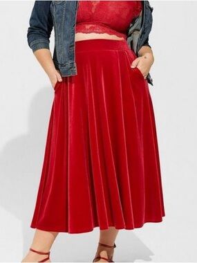 Torrid Tea length velvet A line stretchy red skirt